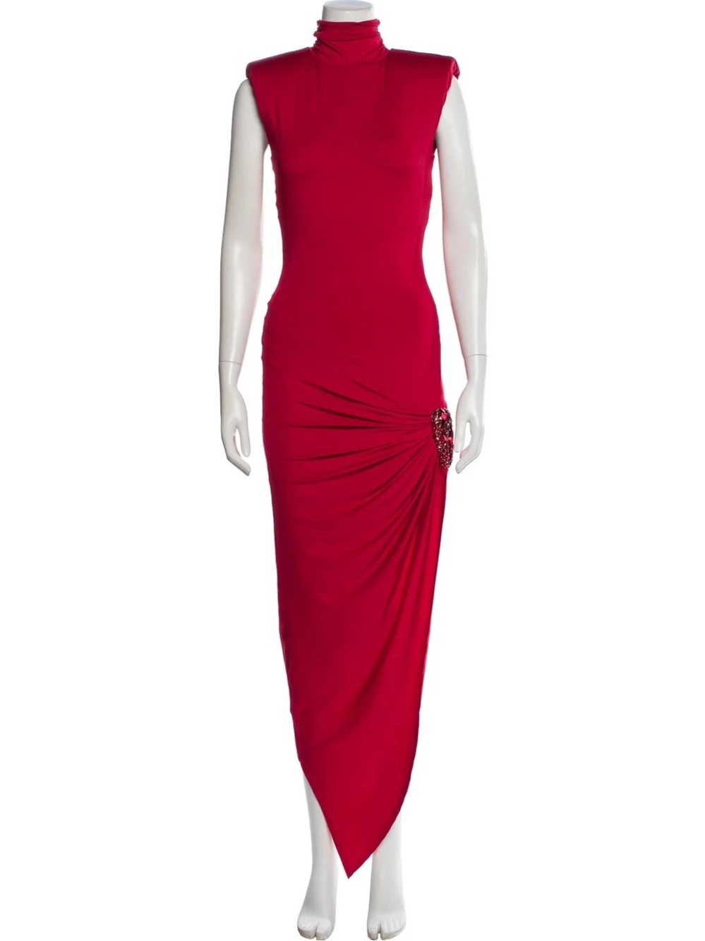 AREA High-Neck Crystal Cluster Ruched Dress